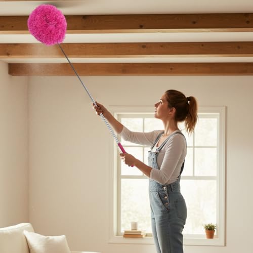 Extendable Feather Duster Telescopic Dust Remover for Home Office Car Furniture High Ceiling Cleaning Multi Purpose Tool(Rose Red,Round Head) - color: Rose Red, size: 12.6 in
