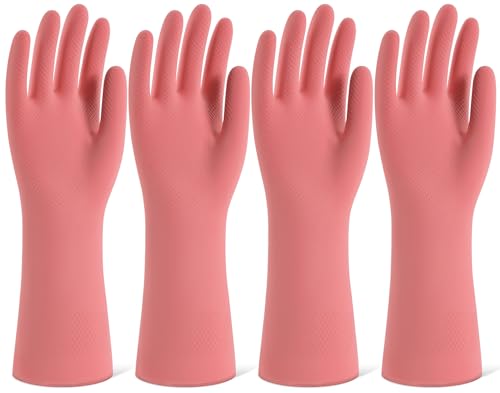 Rubber Cleaning Gloves for Dishwashing, 4 Pairs Reusable Kitchen Gloves for Washing Dishes and Household Cleaning, Pink Dish Gloves with Flocked Lining and Non-Slip Grip, Pefect for Woman Men - M - color: Pink, size: Medium