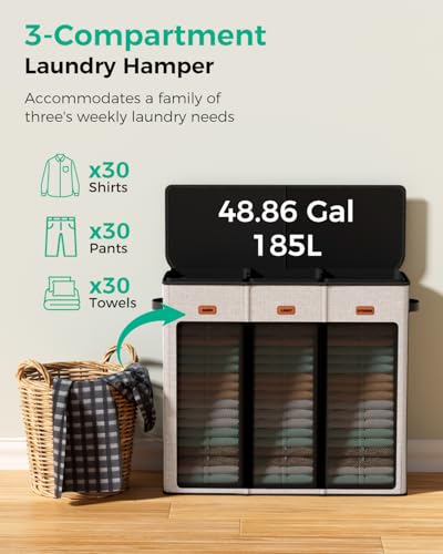 185L Laundry Hamper 3 Section with Lid & Removable Bags - color: Beige, size: 185L - 3 Section