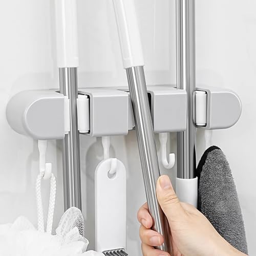 Wall Mounted Storage Rack for Mops and Brooms Ultimate Home Organization Solution with Holders and Hooks for Space() - color: Grey 3 clip 4 hook, size: 26X4.7X5.5