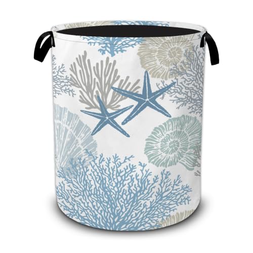 Starfish Laundry Basket,Shells CoralLarge Collapsible Portable Round Laundry Hamper with Handles,Oxford Storage Bin for Clothes,Blankets,Bedroom,Bathroom - color: Starfish Shells Coral