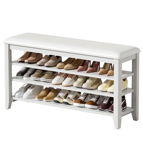 Taitiy Shoe Rack Bench with 3 Tier Adjustable Shelves Rubberwood Entryway - color: White, size: 39.4''