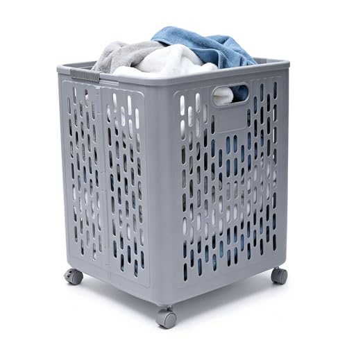 60L Collapsible Laundry Baskets, Plastic Laundry Hamper with Handles, Foldable Laundry Bin, Laundry Basket with Wheels for Laundry Room Organization, Ideal for Clothes, Towels, Blanket, Grey