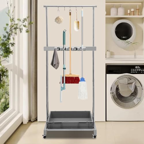 Broom and Mop Holder, Mobile Cleaning Tools Storage Cart with Wheels, Cleaning Supplies Organizer with 5 Slots 12 Hooks and Drip Tray, Janitorial Cart for Home Garage Laundry Room Office