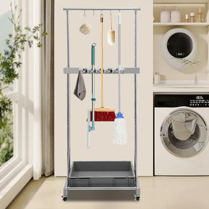 Broom and Mop Holder, Mobile Cleaning Tools Storage Cart with Wheels, Cleaning Supplies Organizer with 5 Slots 12 Hooks and Drip Tray, Janitorial Cart for Home Garage Laundry Room Office