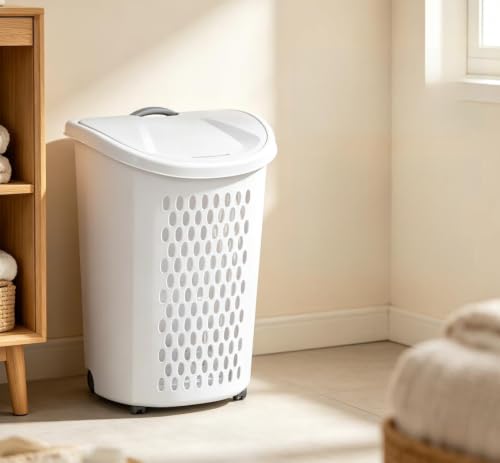 White Plastic Wheeled Laundry Hamper Equipped with Carry Handle and Smooth Rolling Wheels, Large Capacity Rolling Clothes Basket, Space-Saving Laundry Organizer for Home, Dorm & Utility Area