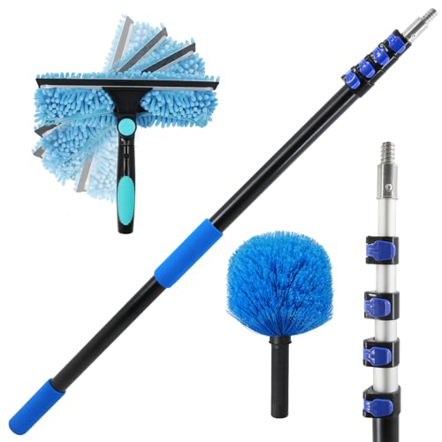 23FT High Reach Window Squeegee & Cobweb Duster with Extension Pole, 2 in 1 Squeegee for Window Cleaning with Lightweight 4-16.5 ft Telescoping Pole, Spider Web Brush with Pole for Outdoor Indoor Car - color: Blue