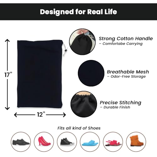 LFH Cotton Rich Shoe Storage Bags with Drawstring, Dustproof Breathable Reusable Organizer, Perfect For Travel, Dorm, Hotel, College, Gym, Machine Washable 12"x17" (Pack of 4) - Black sand - color: Black Sand, size: 12"x17" (Pack of 4)