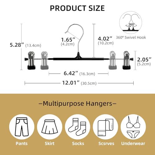 30 Pack Pants Hangers with Clips, 12 Inch Adjustable Skirt Hangers, Space Saving Non-Slip Clip Hangers with 360° Swivel Hook for Jeans, Shorts, Socks, Scarves