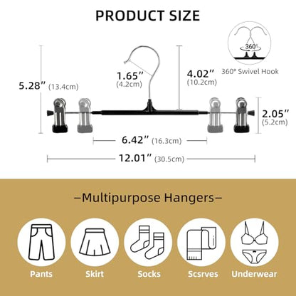 30 Pack Pants Hangers with Clips, 12 Inch Adjustable Skirt Hangers, Space Saving Non-Slip Clip Hangers with 360° Swivel Hook for Jeans, Shorts, Socks, Scarves