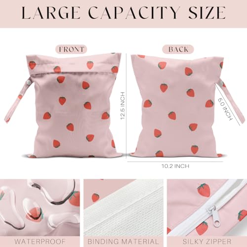 Wet Bag, Wet Dry Bag, Waterproof Swim Bags, Machine Washable Reusable Bags for Beach, Pool, Diapers, and Dirty Yoga Gym Clothes(Pink Little Strawberry Print Pattern - color: Light Pink Minimalist Strawberry