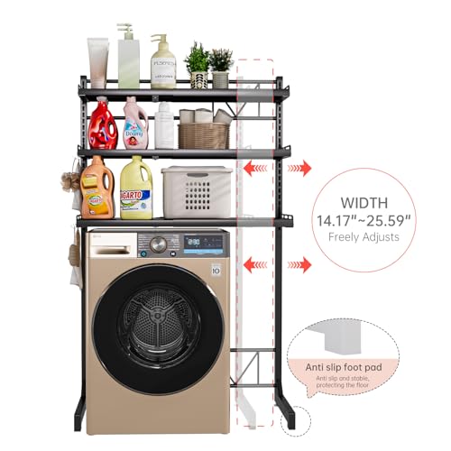 Carbon Steel Over Washer and Dryer Shelf, 2 Tier Bulkhead Laundry Room Storage and Organization Riser, Above Toilet Rack, (14.17“-25.59”) W*15.75 “D*63.39 ”H, Gray