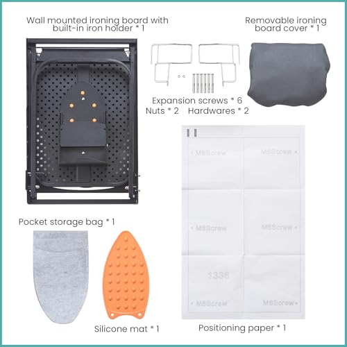 Seiritex Wall Mounted Ironing Board with Iron Holder, 36x13 Compact Mount Foldable Ironing Board for Small Spaces, Space Saving with Cotton Fabric Cover and Silicone Iron Rest - size: 13x36 inches