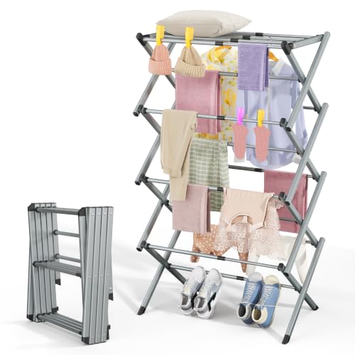 4-Tier Foldable Clothes Drying Rack, Heavy Duty Stainless Steel Laundry Drying Rack, Holds Up to 60 lbs, No Assembly Required, Space-Saving for Apartments, RVs & Dorms, Gray - color: Gray, size: 4 Tier