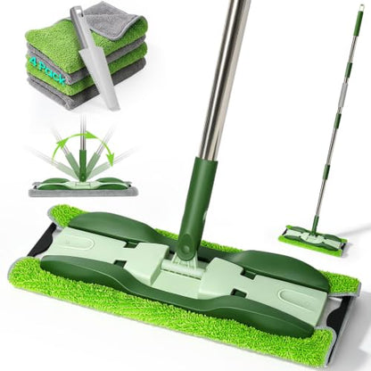 Microfiber Mop - Flat Floor Mops Wet Dry Dust Mop with 4 Washable Pads - size: Green(15"*5.3")