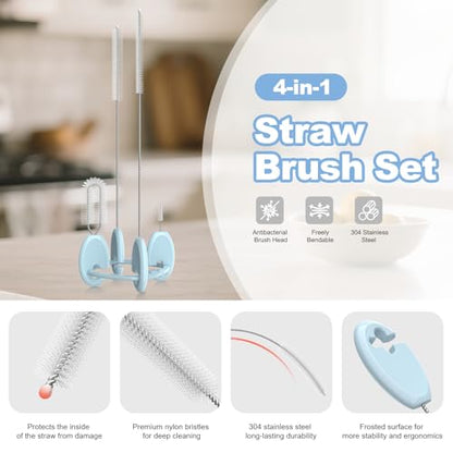 YOTIME 4in1 Straw Cleaner Brush Set, Reusable Standing Straw Brushs with Holder Ring, for Wide and Narrow Straws, Tumblers, Water Bottles and Cups, Blue - style: Standard | Blue
