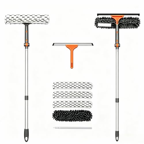 Chabatree 2-in-1 Window Squeegee Cleaner Set with 62" Extendable Pole, Window Cleaning Kit with Bendable Head for Indoor & Outdoor Glass, Professional High Window Cleaning Tool for Car & Home(Kit2.0 - size: with 4 Cleaning Cloth