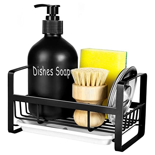 TEZZ Sponge Holder for Kitchen Sink- Stainless Steel Kitchen Sink Caddy for Organizing Sponge, Brush & Soap Dish Dispenser, coutertop Organizer Rack with Adhesive or Counter top, Black - color: Black, size: Sponge Holder