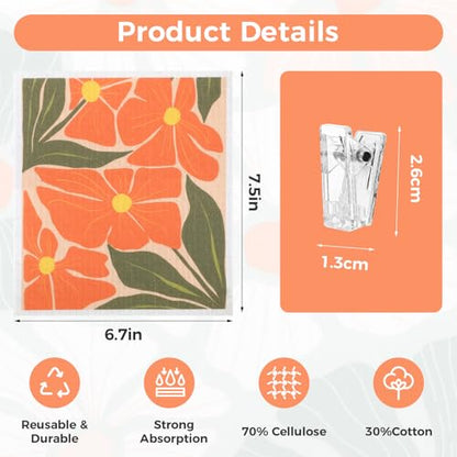 6 Pack Swedish Dishcloths for Kitchen,Abstract Floral Dish Towel with Clip - color: Pink Abstract Floral