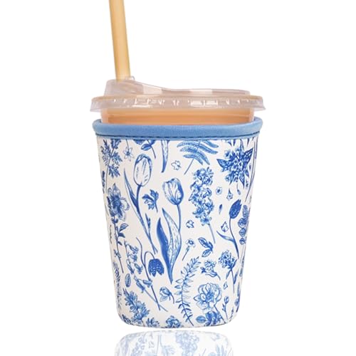 Reusable Insulated Sleeve for Iced Coffee Cup, Coffee Neoprene Sleeve for Cold & Hot Drinks, Beverage Holder for Iced Coffee (Blue Fern Florals, Small: 16-18oz) - color: Blue Fern Florals, size: Small: 16-18oz