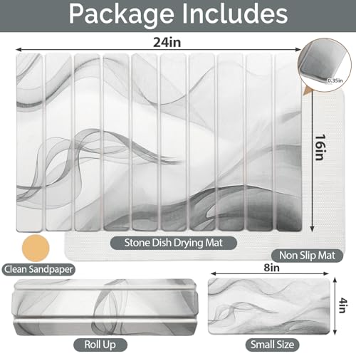 Large Stone Dish Drying Mat for Kitchen Counter, 2 PCS Quick Dry Stone Mats, Foldable Water Absorbing Diatomaceous Earth Drying Dishes Pad for Countertop Bottle Utensil Cup(Black White 24"×16"&8"x4") - color: Black White, size: 24" x 16"