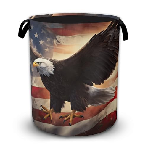 Eagle Flag Patriotic Laundry Basket with Handles, Waterproof Foldable Laundry Hamper, Large Capacity Oxford Cloth Clothes Storage Basket for Bathroom Bedroom Dorm - color: Eagles and Flags