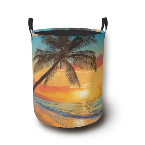 Tropical Palm Tree Laundry Basket,Sunset Beach Foldable Oxford Cloth Laundry Hamper with Handles Waterproof Dirty Clothes Storage Basket for Bathroom Bedroom Dorm Room 16" x 20.8" - color: Tropical Palm Tree Sunset Beach
