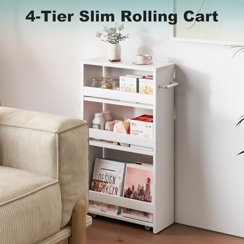 MARTY Slim Rolling Storage Cart, Wood Utility Kitchen Bathroom Laundry Cart - color: All White, size: 5.51"D x 15.75"W x 31.5"H