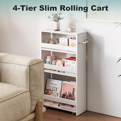 MARTY Slim Rolling Storage Cart, Wood Utility Kitchen Bathroom Laundry Cart - color: All White, size: 5.51"D x 15.75"W x 31.5"H