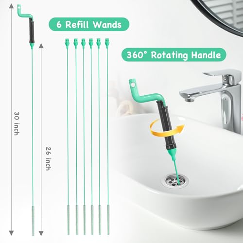 Drain Clog Remover Tool – 30”Anti-break Steel Sink Snake Hair Drain Cleaner Tool, Plumbing Snake with Rotating Handle & 6 Refills, Drain Hair Remover for Shower, Toilet, Kitchen Sink, Bathtub. 6-Pack
