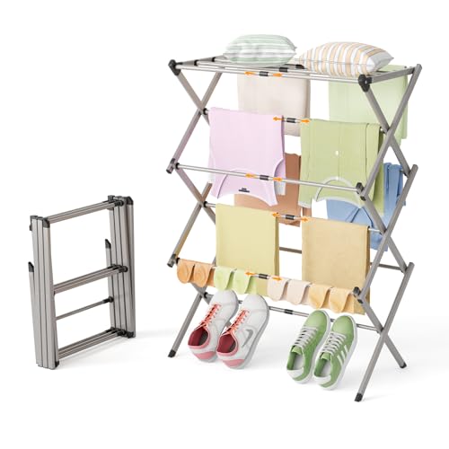 Collapsible Floor Drying Rack - Free Standing Accordion Laundry Dryer, Retractable Metal Clothes Hanger with Shoe Storage, Heavy Duty Rustproof Airer for Bathroom, Balcony & Rv - color: Gray, size: 3 Tier