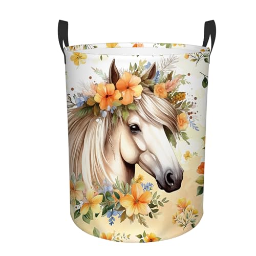 Horse Laundry Basket, 43L Round Oxford Laundry Hamper - color: horse