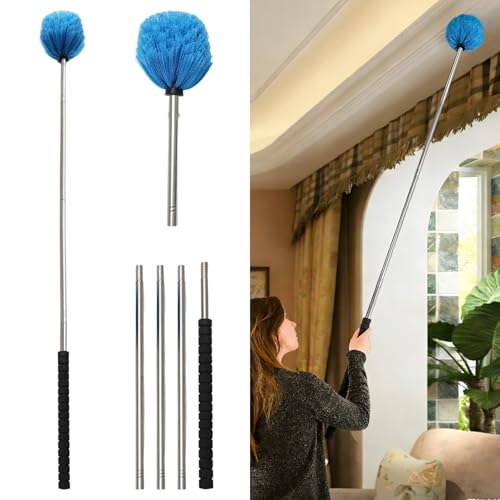Cobweb Duster Brush with Extension Pole,Lightweight 5ft Long Spider Web Cobwebs Ceiling Fan Dust Cleaning Brush Kit with Washable Head for Furniture, Eaves, VentRoof House Cleaning up to 12.5ft