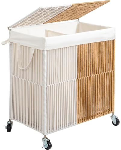 WOWLIVE Rolling Laundry Basket Wheels, Handwoven Laundry Hamper with Lid - color: White and Natural, size: 115L(22 x 13 x 26.4 Inches)