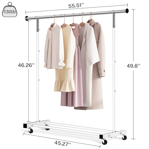 VICERII Clothing Rack, 55.51 Inch Heavy Duty Clothes Rack Rolling Garment Rack with Wheels and Bottom Shelf, 130LB Capacity Clothes Racks for Hanging Clothes, Coats, Shirts, Sweaters, Skirts, White - color: White, size: Single
