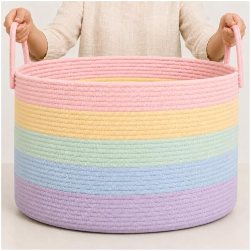 OrganiHaus Rainbow Toy Basket & Blanket Storage Bin, Nursery 20x13" - color: Rainbow Pastel, size: Wide