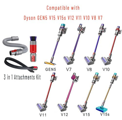 3-in-1 Vacuum Attachment Bundle for Dyson V15 V15s V12 V11 V10 V8 V7 Gen5 - style: Dusting Brush & Flexible Crevice Tool & Extension Hose