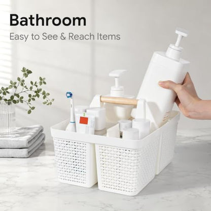 UUJOLY Portable Plastic Shower Caddy Basket with Wooden Handle, White - color: White