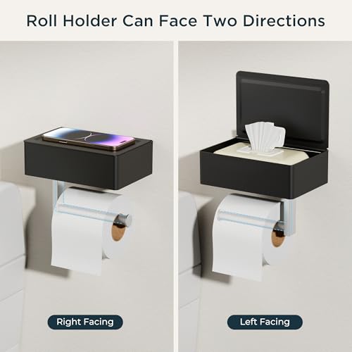 FORIOUS Toilet Paper Holder with Shelf, Wall-Mounted Modern Wipes Dispenser - color: Black & Brushed Nickel, size: Big 1 Pack-8" (L)