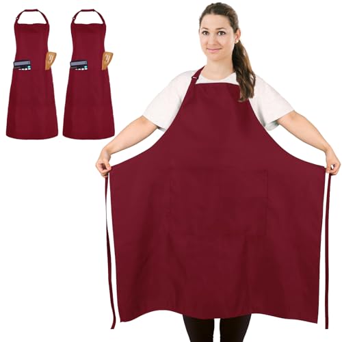 2 Pack Plus Size Waterproof Cooking Chef Apron with 2 Pockets for Men Women - color: Red