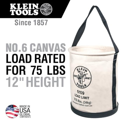 Klein Tools 5109 Canvas Bucket, Wide-Opening Straight-Wall Tool Bucket is Made of No. 6 Canvas with Black Molded Bottom, 75-Pound Load Rated - style: Standard