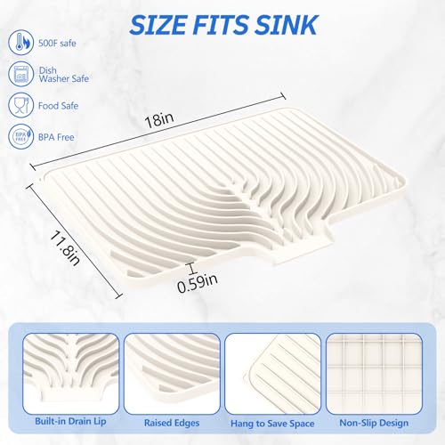 Dish Drying Mat for Kitchen Counter, with Built-in Drain Lip, Food-Grade Silicone, Easy Clean Pad for Countertop Protection, Multi-Functional Use (18x11.8, Cassava White) - color: White, style: 18x11.8