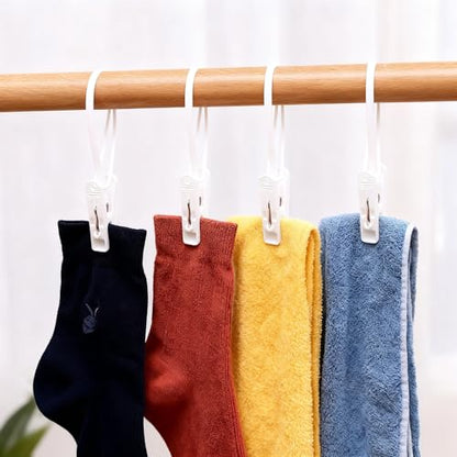 60 Pcs White Multi-Purpose Laundry Hooks Hanging Clips Bulk with Plastic Rope Hanger Clips for Hanging Clips for Baby Clothes, Pants, Hat, Socks, Towels, Bras - Closet, Bathroom & Kitchen Organization