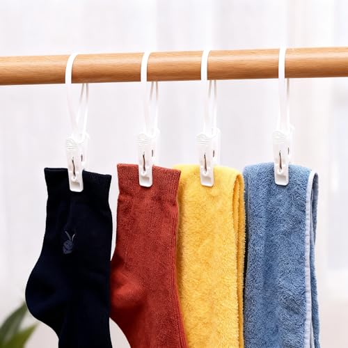 60 Pcs White Multi-Purpose Laundry Hooks Hanging Clips Bulk with Plastic Rope Hanger Clips for Hanging Clips for Baby Clothes, Pants, Hat, Socks, Towels, Bras - Closet, Bathroom & Kitchen Organization