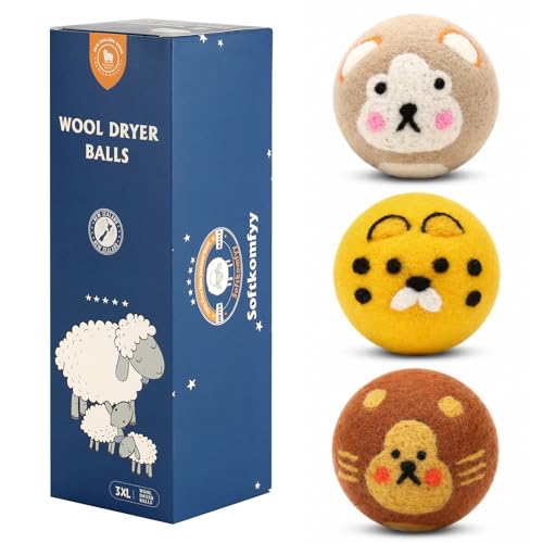 Wool Dryer Balls Handmade 3 Pack XL, Laundry Dryer Balls,100% New Zealand Wool Natural Fabric Softener,Reusable 1000 Loads,Wrinkles Free, Shorten Drying Time,Baby Safe (3 Pack XL,Zoo Friends) - color: Zoo Friends