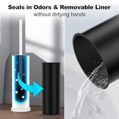 White Toilet Brush and Holder Set，Stainless Steel Heavy Duty Toilet Bowl Brush，Extra Long Handled Modern Toilet Cleaner Brush with Replaceable Head, Removable Inner Bowl, and Splash Protection - color: White