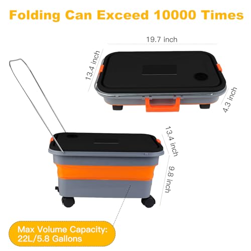 Collapsible Bucket with Wheels and Handle 5.8 Gallon, Drain Plug and Water Outlet, Portable Water Storage Foldable Carts for Mop Cleaning, Camping, RV, Pet Bathing, Fishing, Car Washing