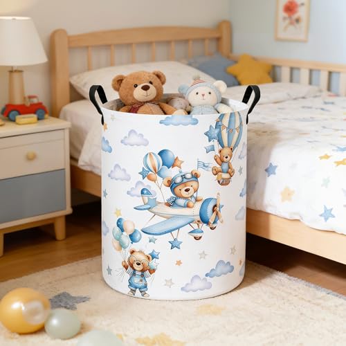 Foldable Waterproof Round Fabric Laundry Basket Home, Blue Pilot Bear - color: Round-Blue Pilot Bear