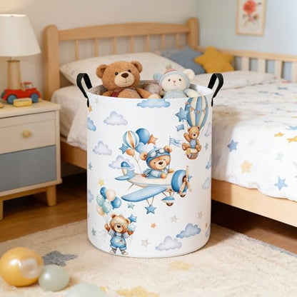 Foldable Waterproof Round Fabric Laundry Basket Home, Blue Pilot Bear - color: Round-Blue Pilot Bear