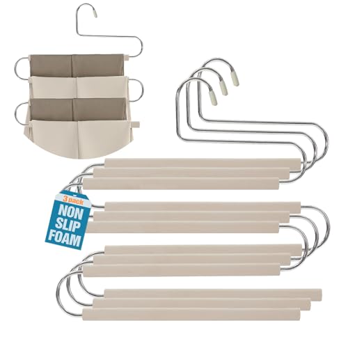 Multi Tiered Space Saving Padded No Crease 4 Layer Pants Hangers Beige 3 - color: Beige